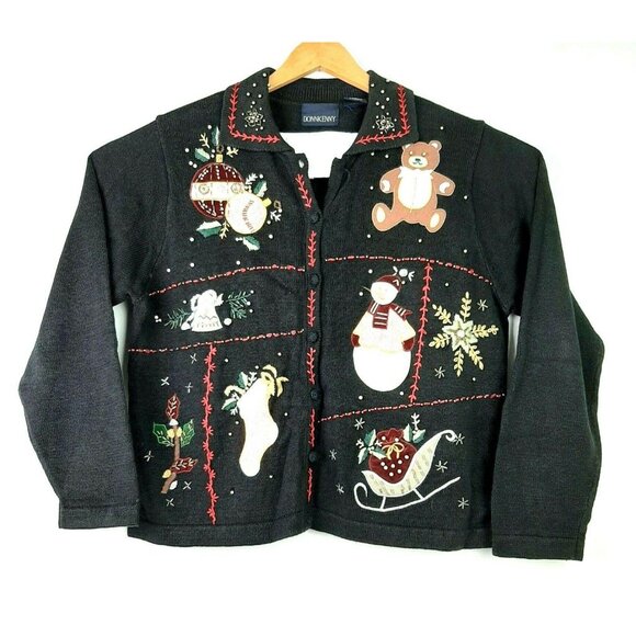 Womens Christmas Cardigan Sweater Medium DonnKenny Black Embroidered Holiday - Picture 1 of 10